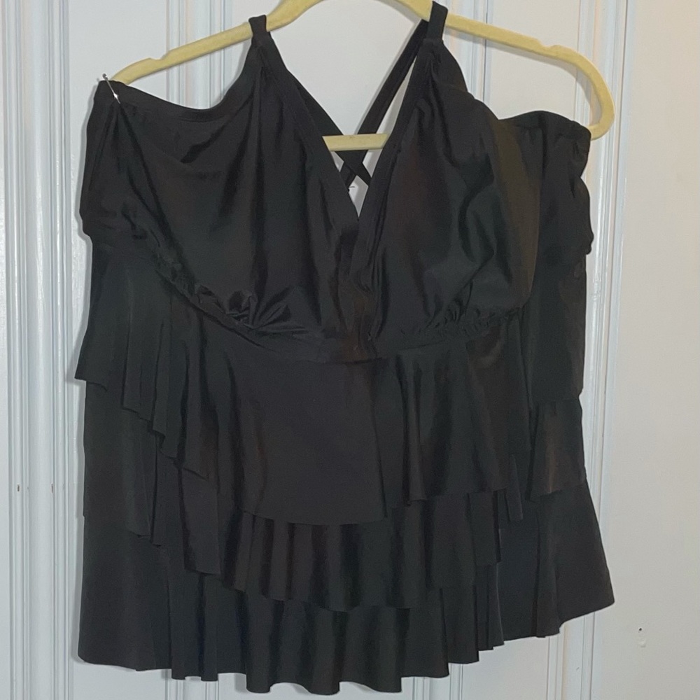 Black tankini halter top, with ruffled layers
